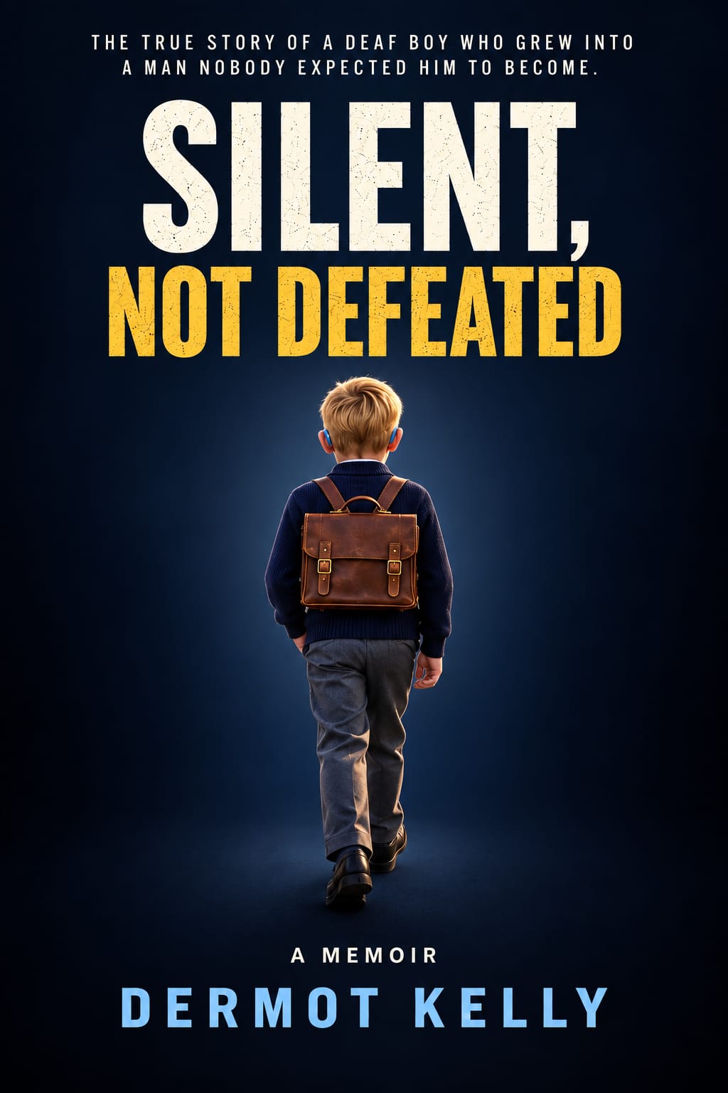 Front cover of Silent, Not Defeated: a boy with a satchel walking away, on a navy ground
